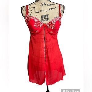 Red floral mesh sheer negligée lingerie size 38 B sexy feminine romantic